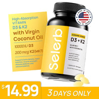 Selerb Vitamin D3 K2 – 10,000 IU D3 + 200 mcg MK-7 with Virgin Coconut Oil – Bone, Heart & Immune Support – 120 Softgels