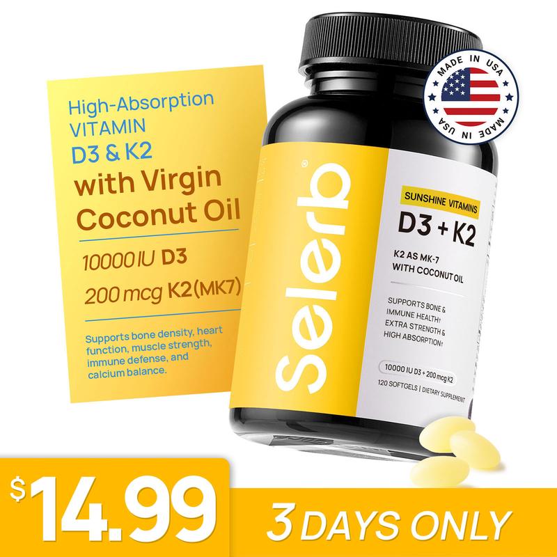 Selerb Vitamin D3 K2 – 10,000 IU D3 + 200 mcg MK-7 with Virgin Coconut Oil – Bone, Heart & Immune Support – 120 Softgels