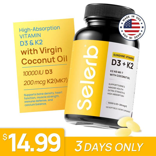 Selerb Vitamin D3 K2 – 10,000 IU D3 + 200 mcg MK-7 with Virgin Coconut Oil – Bone, Heart & Immune Support – 120 Softgels